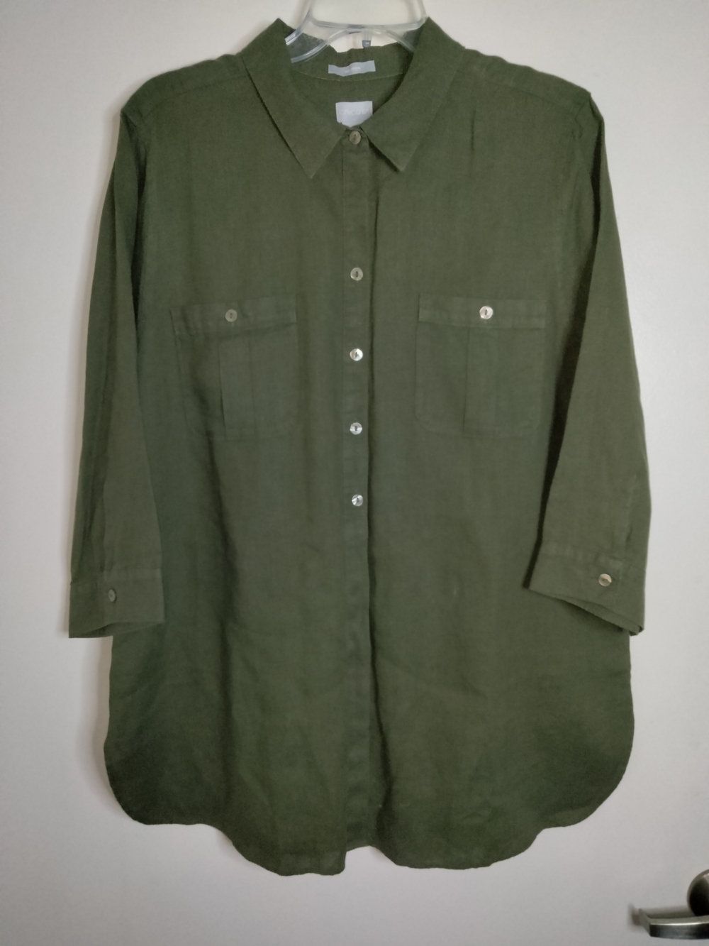 Chico's -Sz 3/XL/16- Olive Green 100% Linen Button-Front 3/4 Sleeve Tunic Shirt